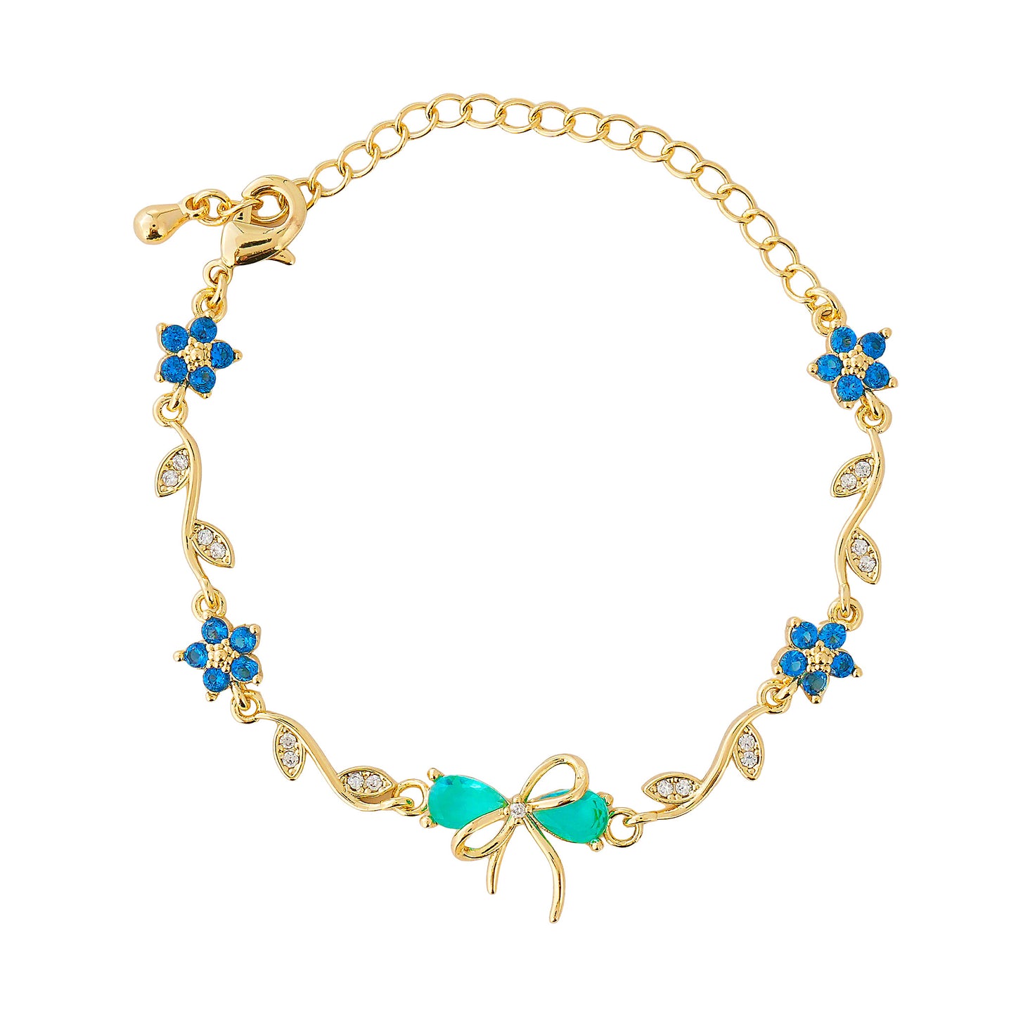 Gold bracelet with blue bow on a white background