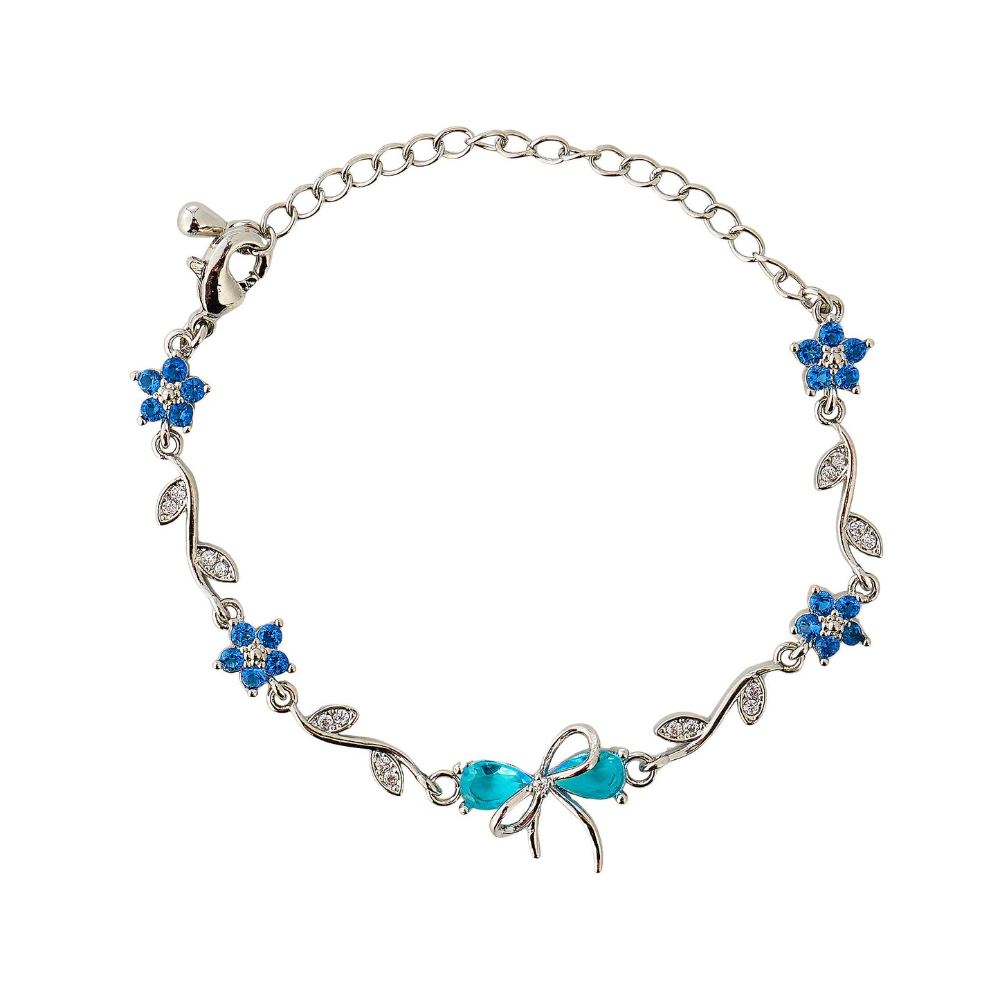 Silver bracelet with blue floral and bow designs on a white background