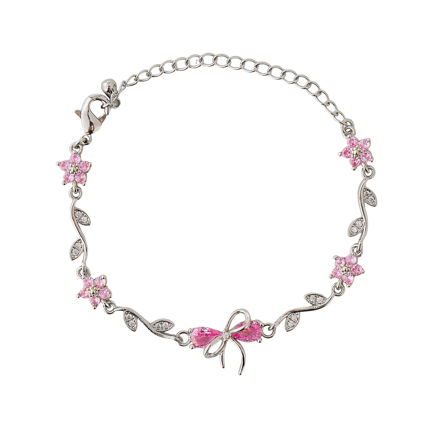 Silver bracelet with pink floral and bow designs on a white background
