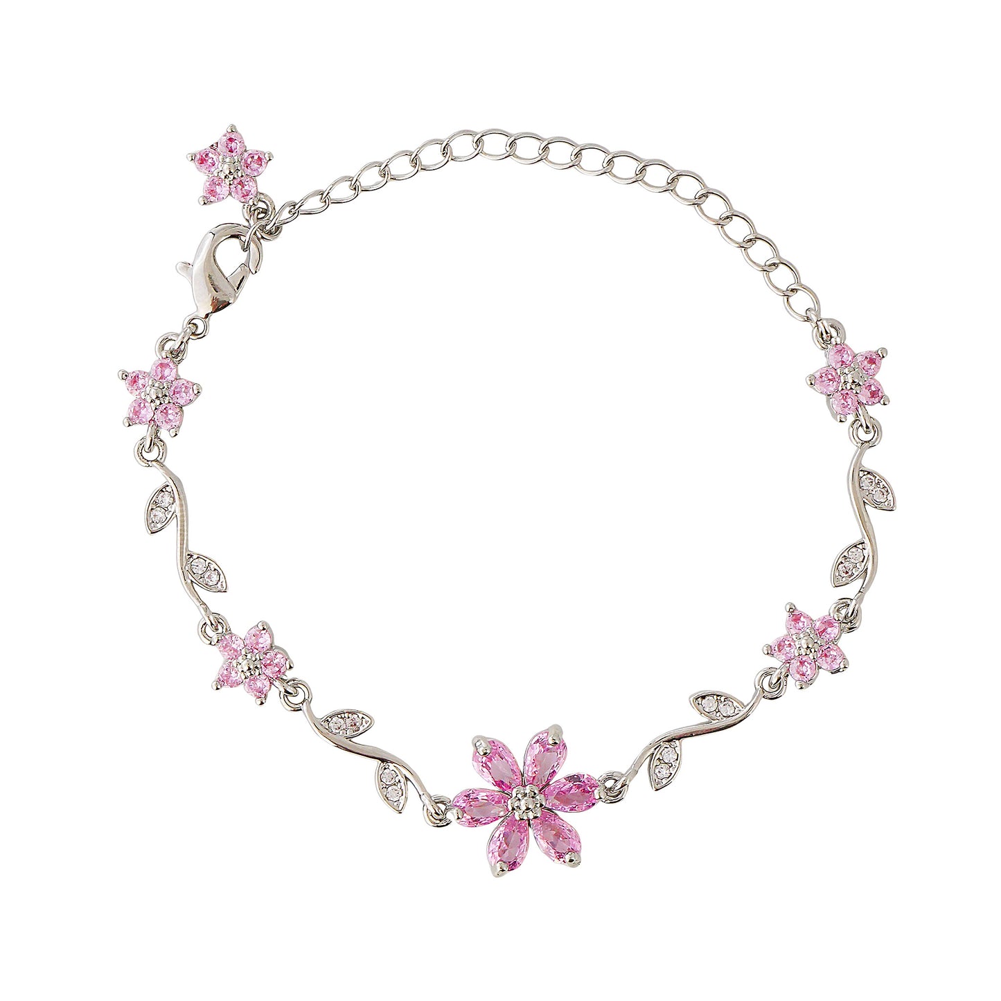 Silver bracelet with pink floral charms on a white background