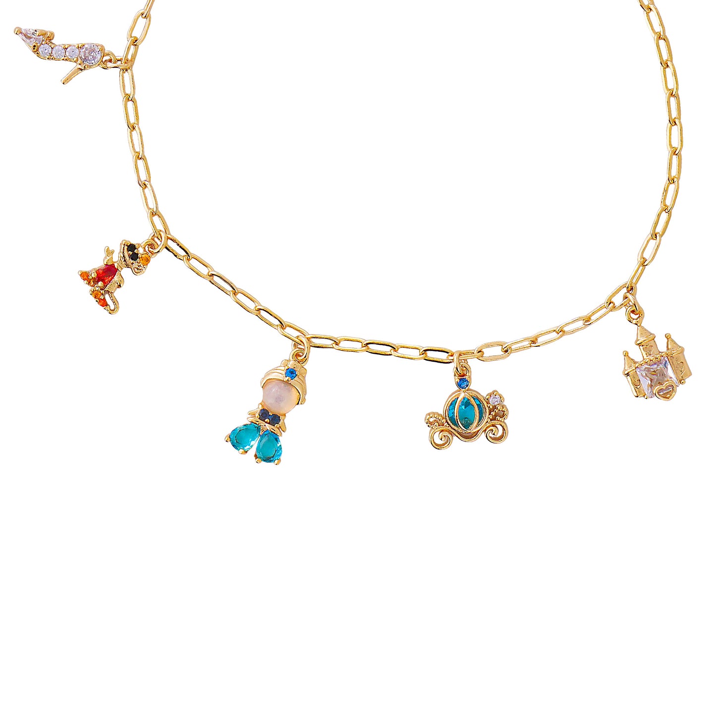 Princess Cinderella gold bracelet with various charms on a white background