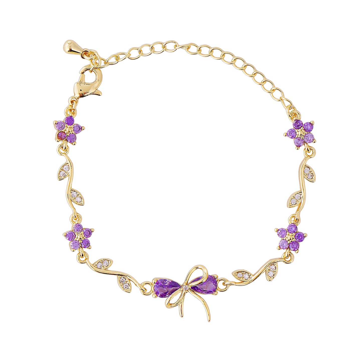 Gold bow bracelet with purple gemstones on a white background