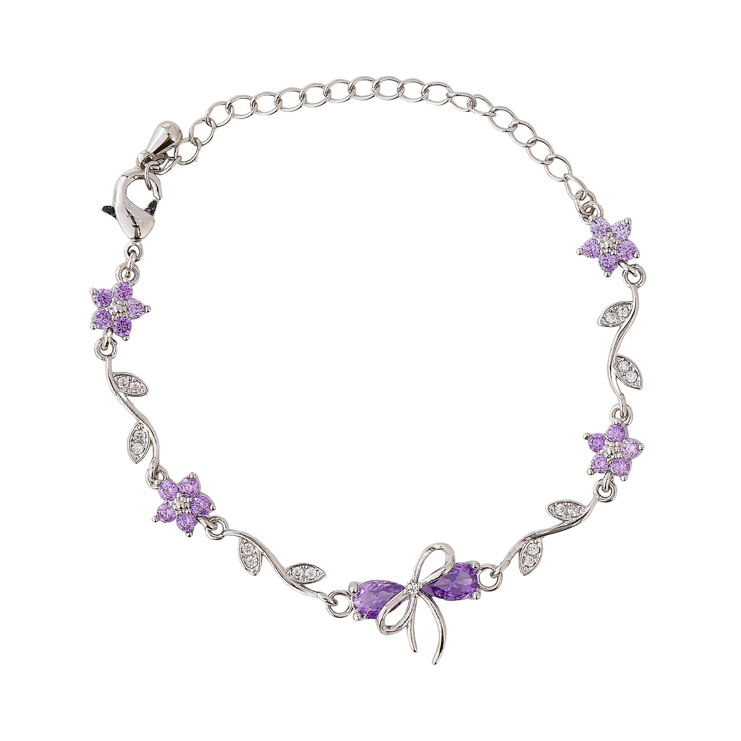 Silver bracelet with purple floral and bow designs on a white background