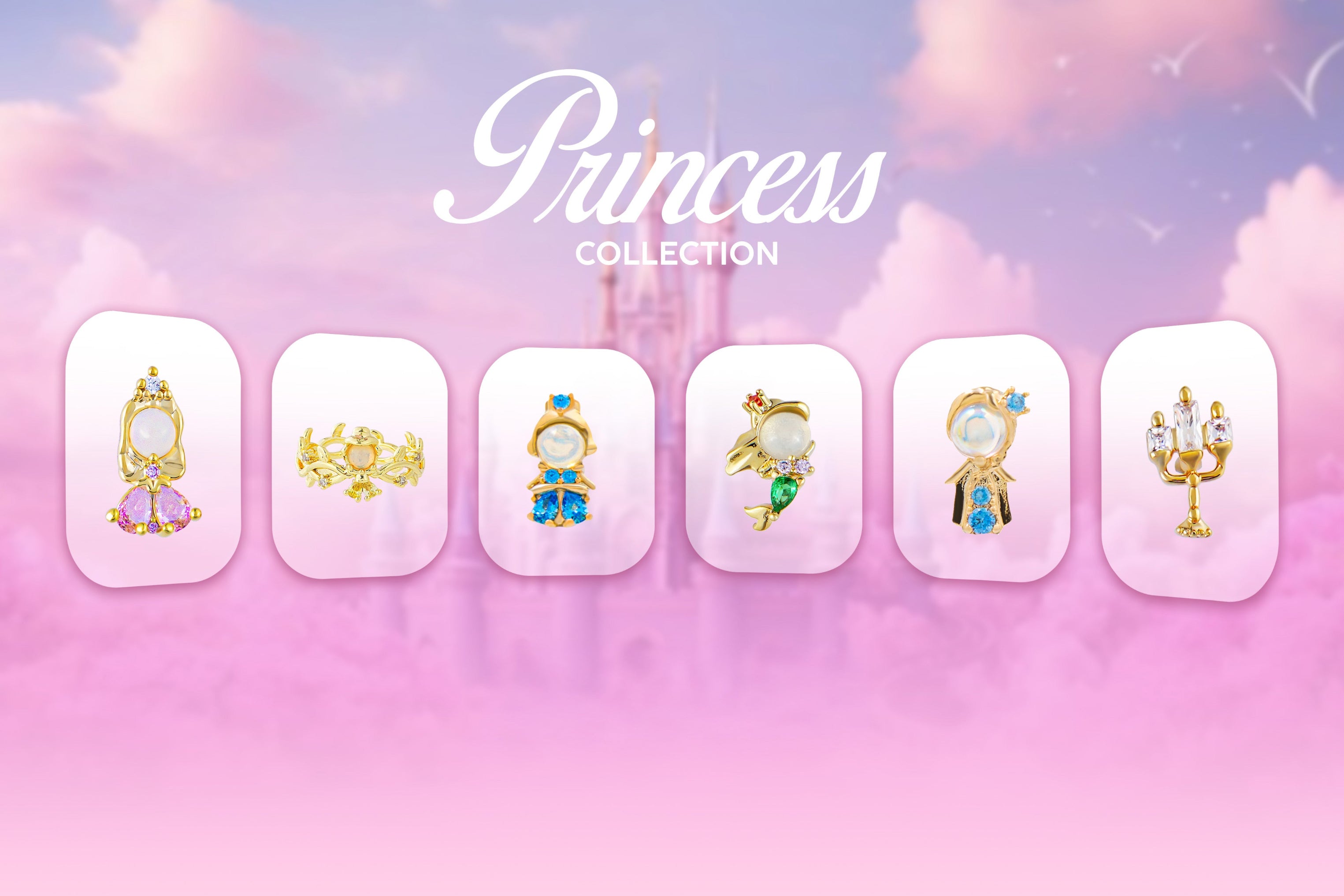Princess-themed jewelry collection with decorative elements on a pink gradient background.