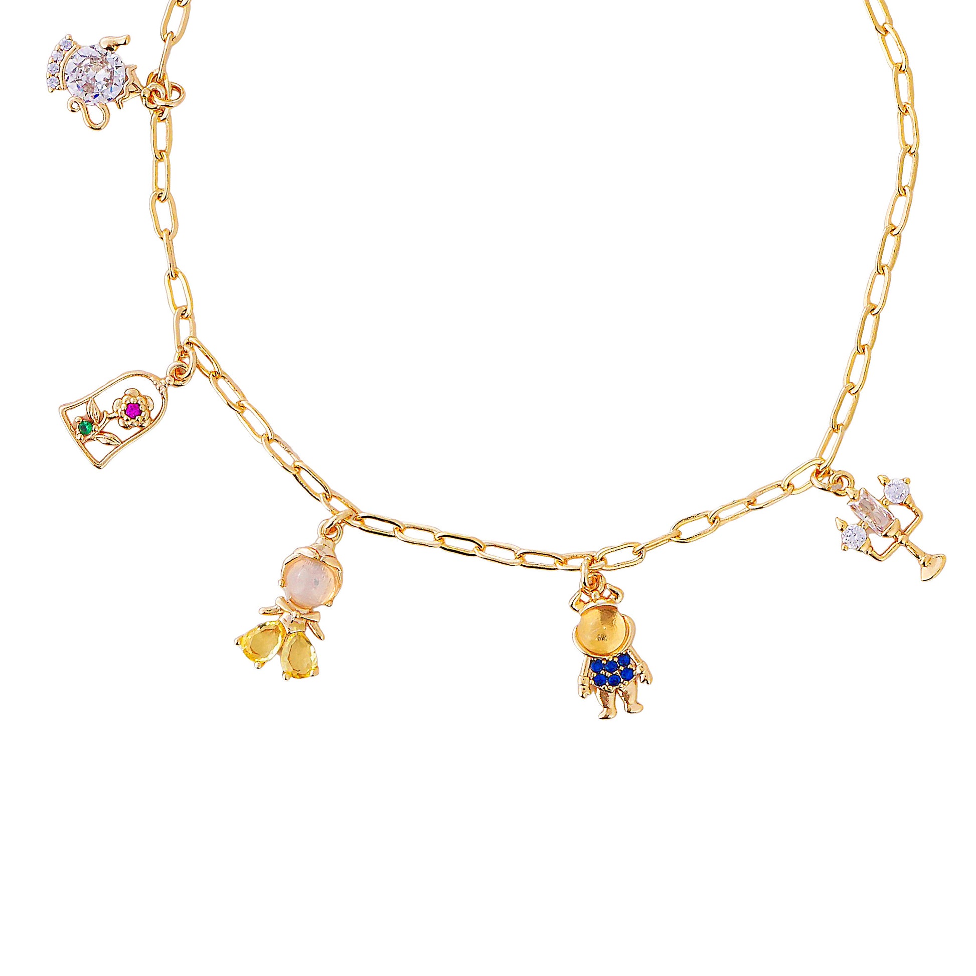 Beauty and the Beast gold bracelet with various charms on a white background