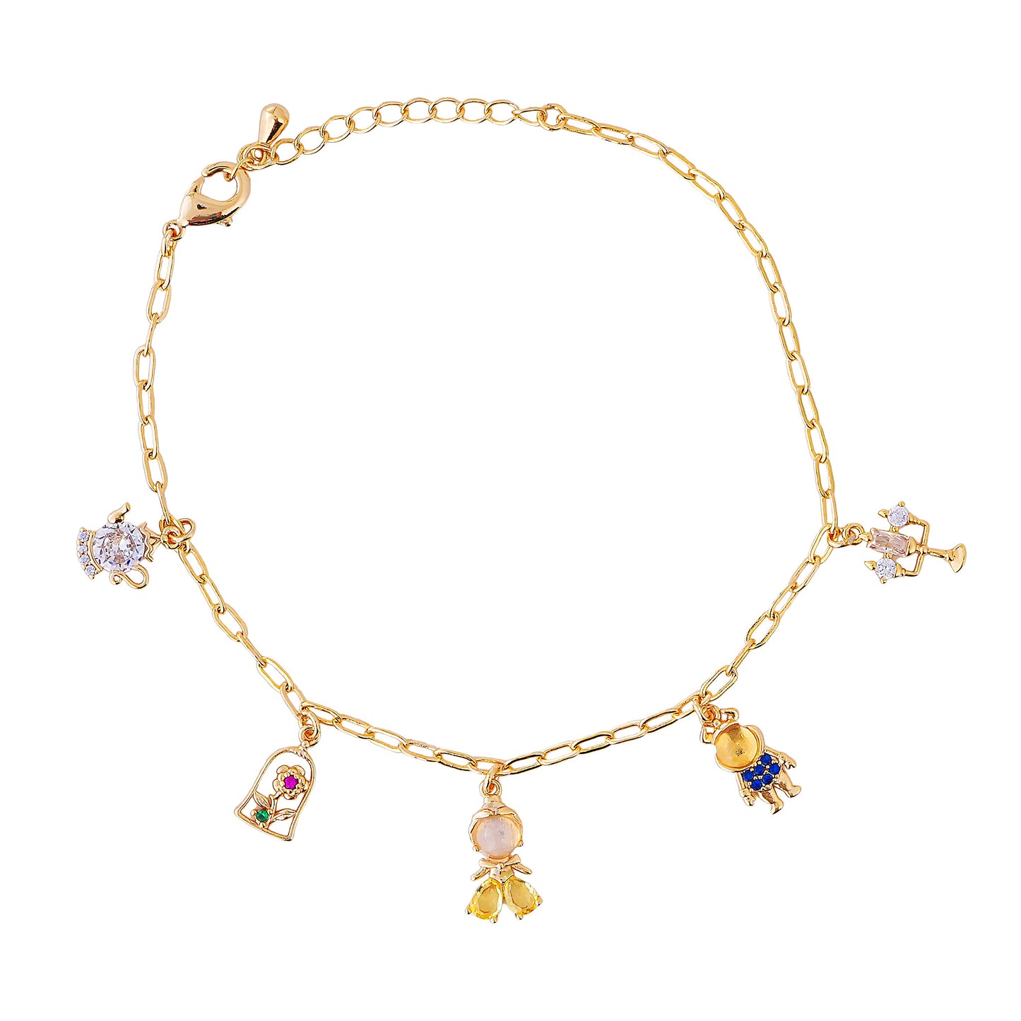 Beauty and the Beast gold bracelet with various charms on a white background