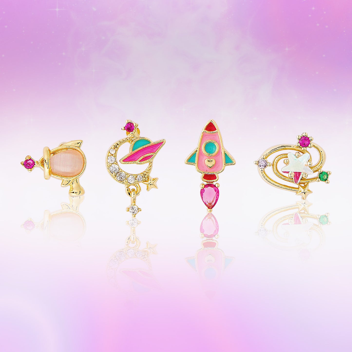 Set of colorful earrings on a gradient pink and purple background