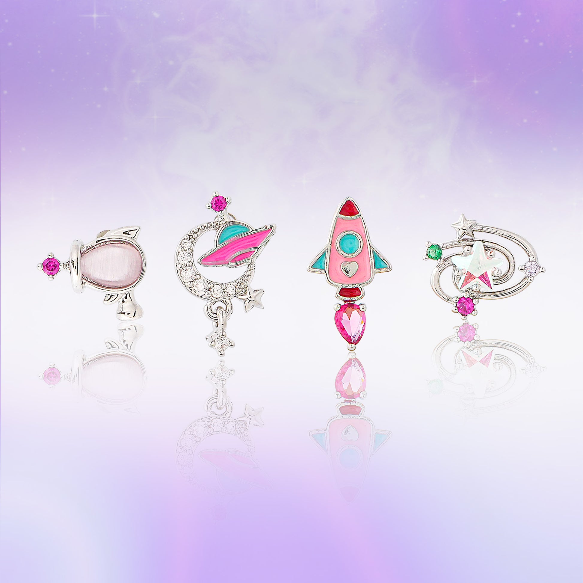 Set of colorful jewelry earrings on a gradient purple background