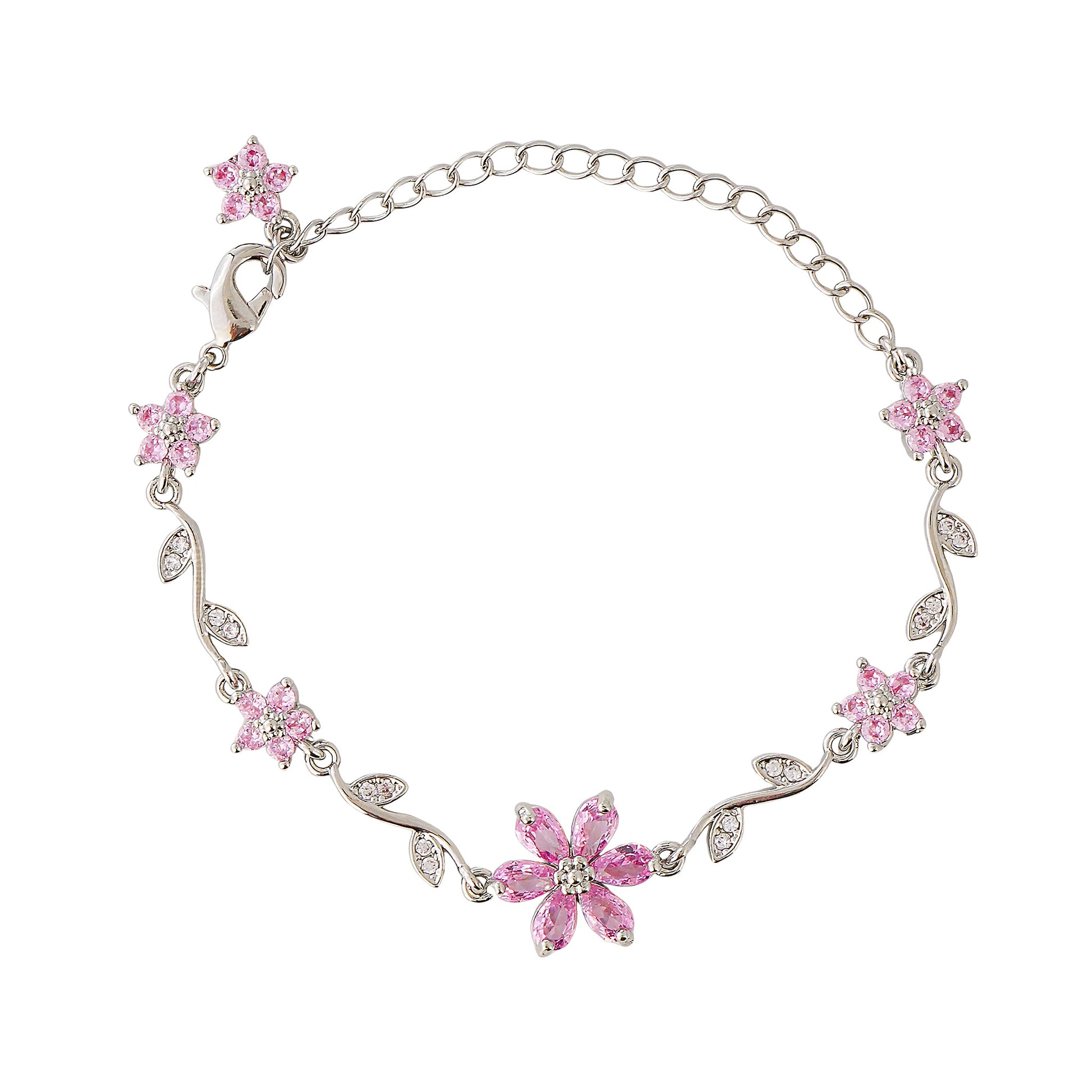 Silver bracelet with pink floral charms on a white background