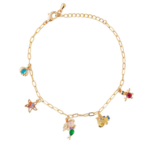 Gold Ariel bracelet with colorful charm beads on a white background