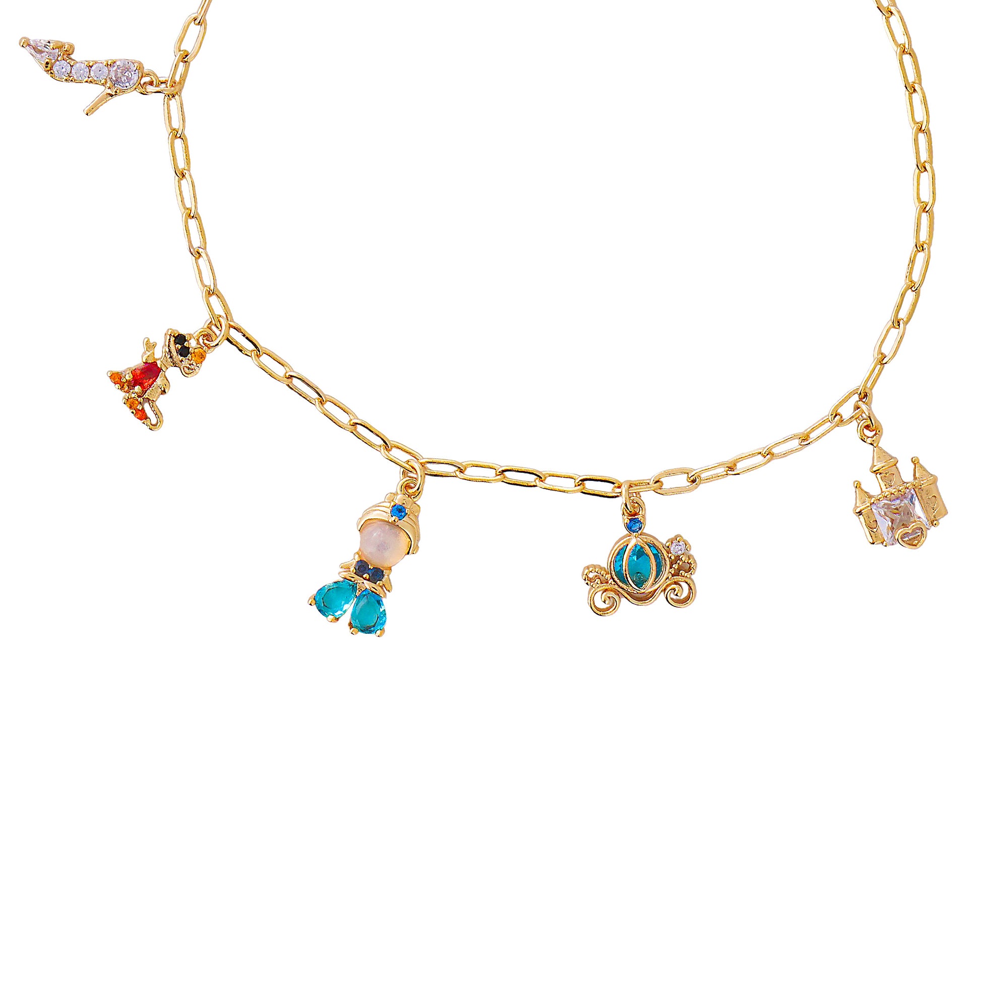 Princess Cinderella gold bracelet  with various charms on a white background