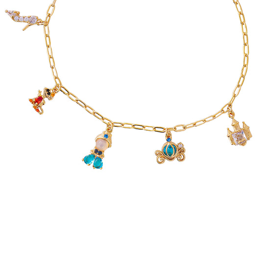 Princess Cinderella gold bracelet  with various charms on a white background
