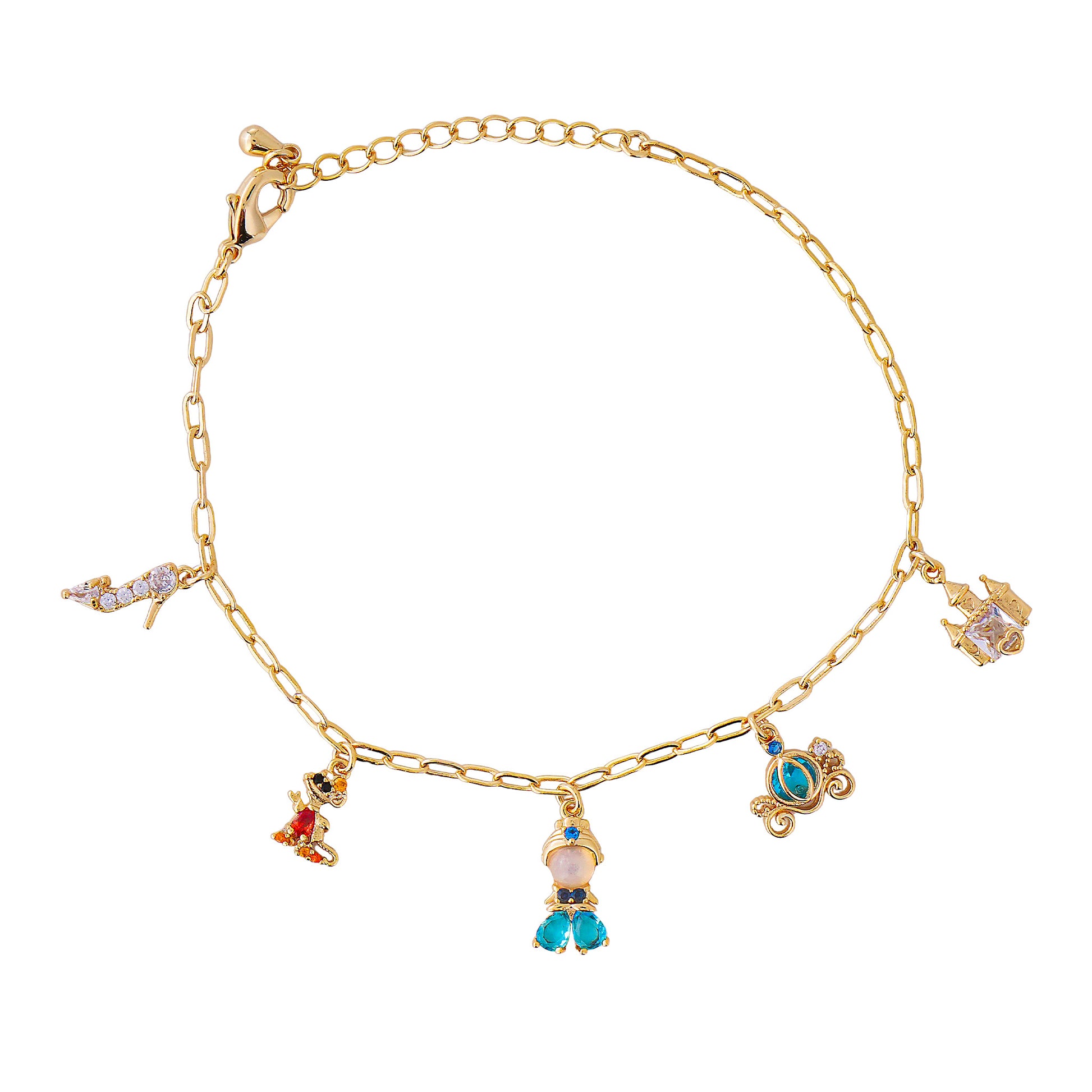 Gold Princess Cinderella bracelet with various charms on a white background