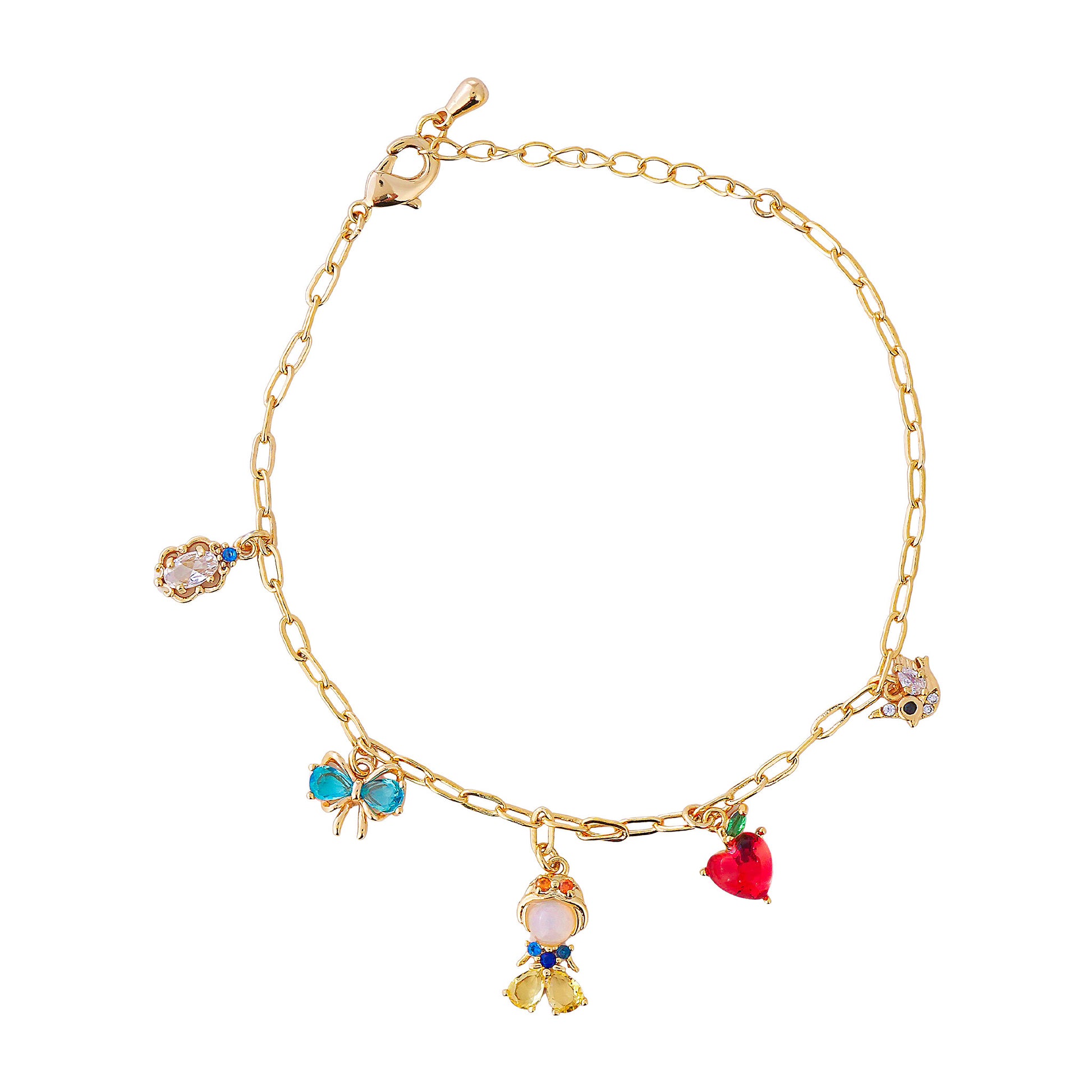 Princess Snow White gold bracelet with colorful charms on a white background