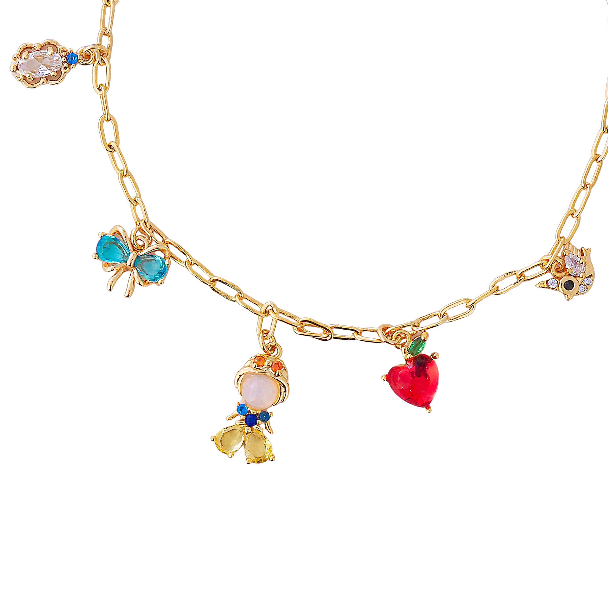 Princess Snow White  gold bracelet with colorful charms on a white background