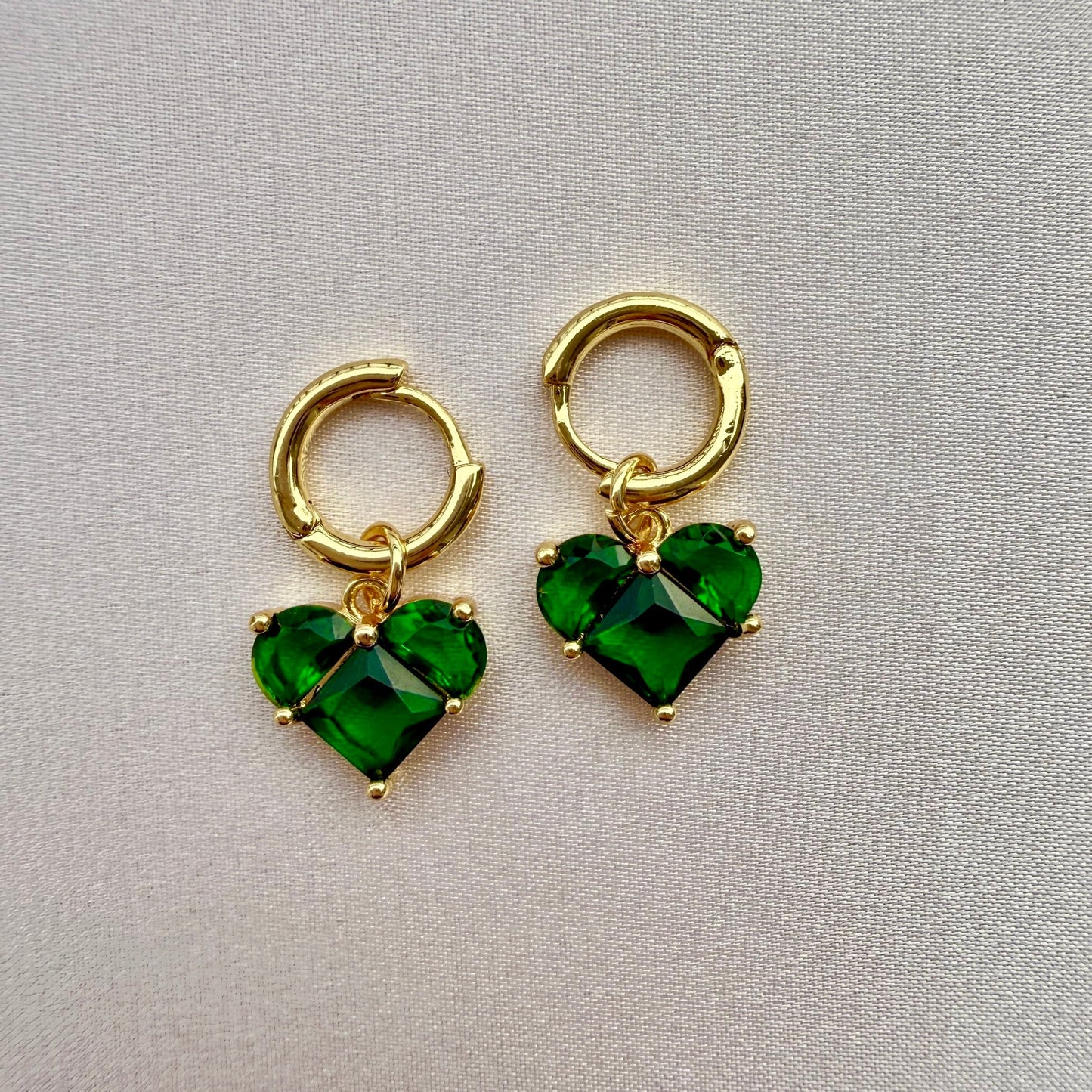 Emerald Green Heart Dangle Hoop Earrings - Sparkle Crew