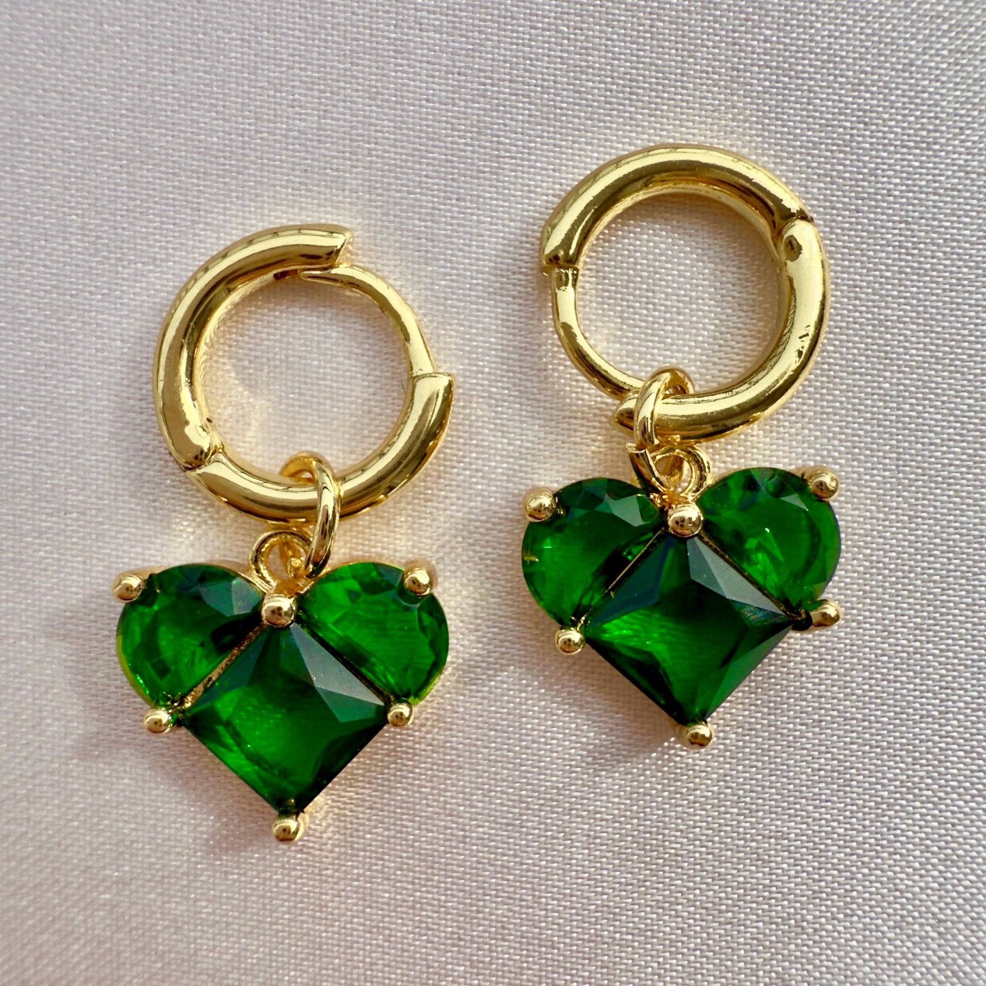 Emerald Green Heart Dangle Hoop Earrings - Sparkle Crew